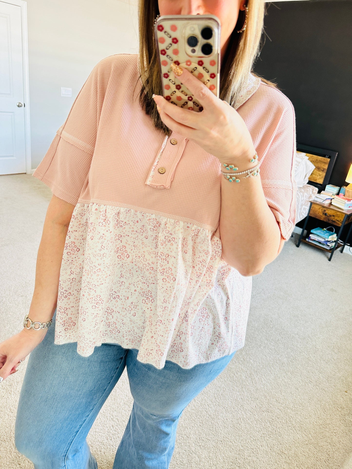 Pink Floral Waffle Top