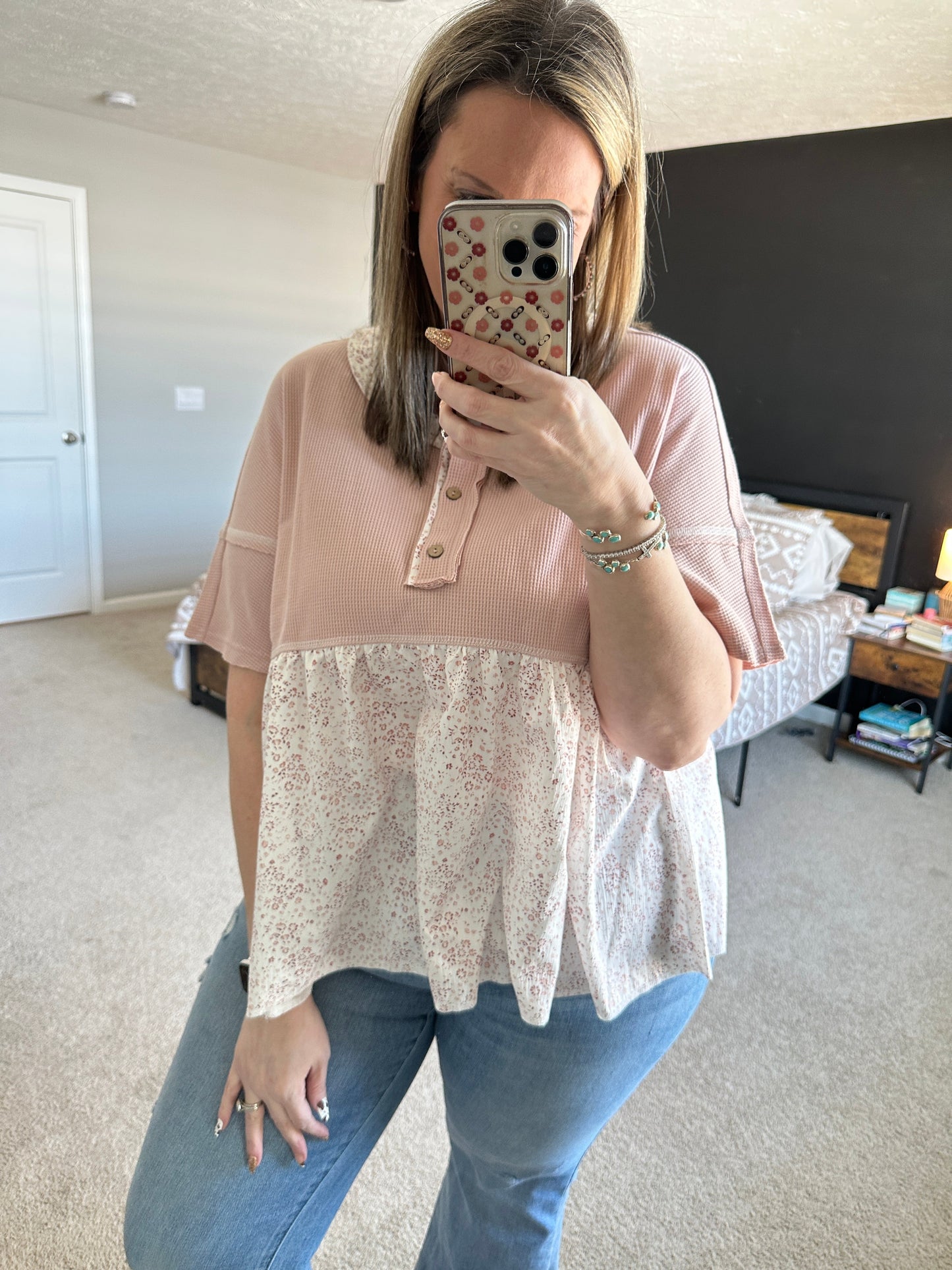 Pink Floral Waffle Top