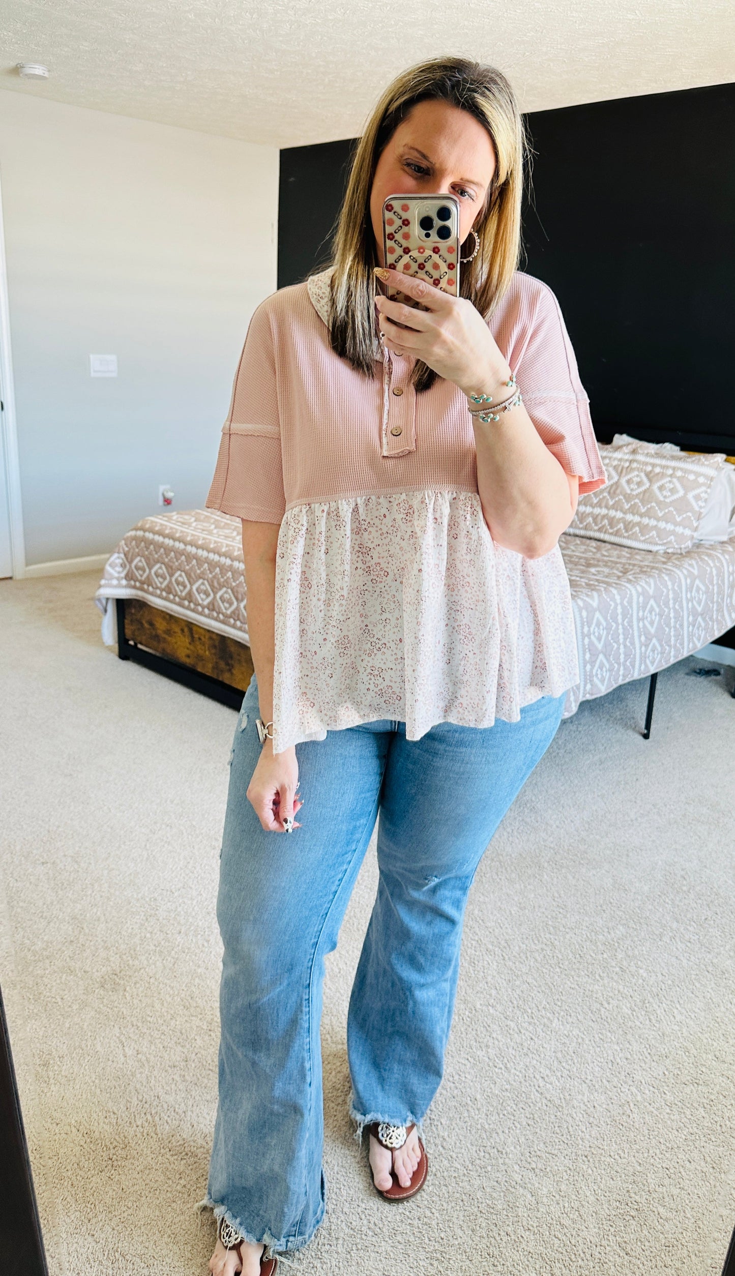 Pink Floral Waffle Top