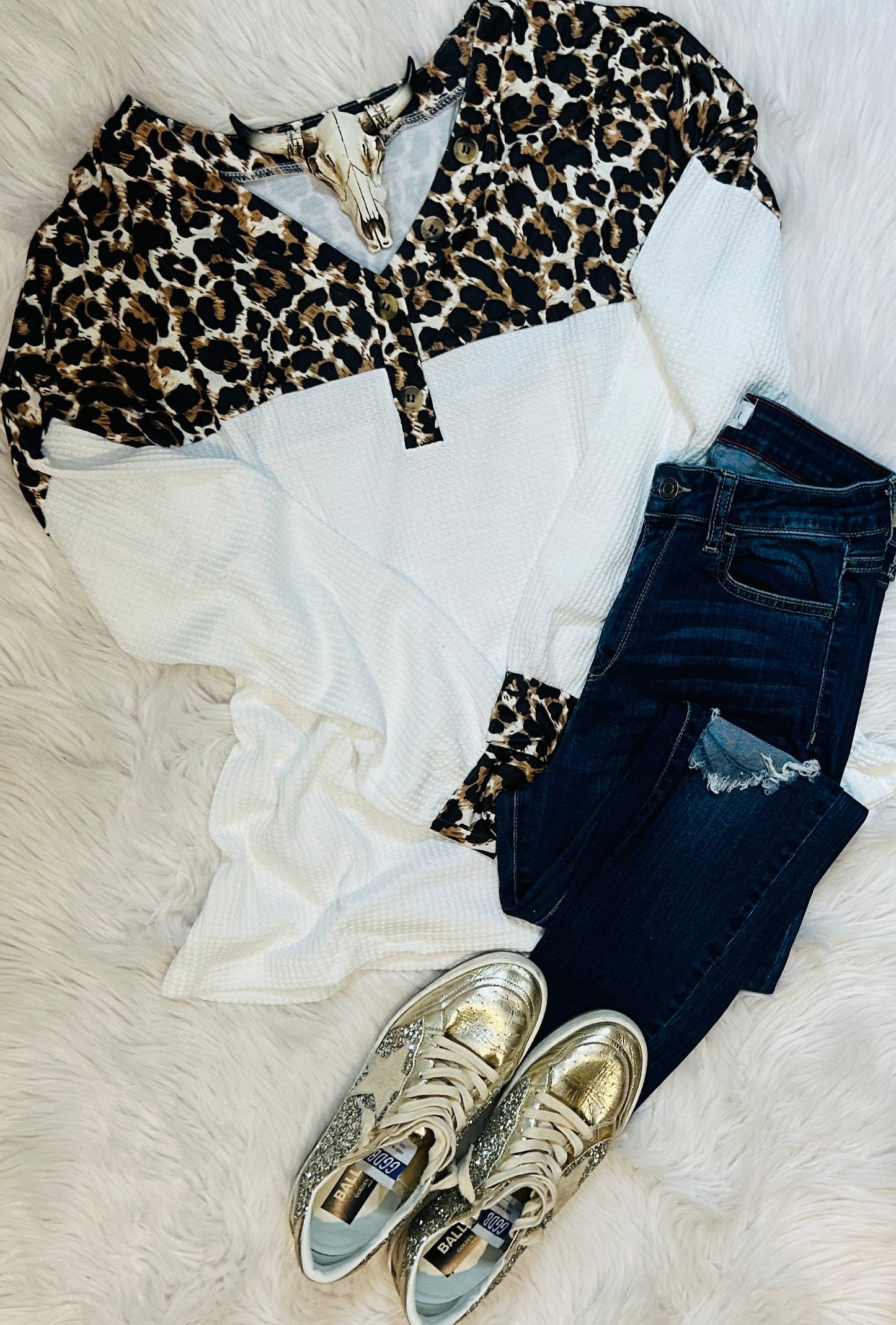 White Leopard Waffle Knit Top