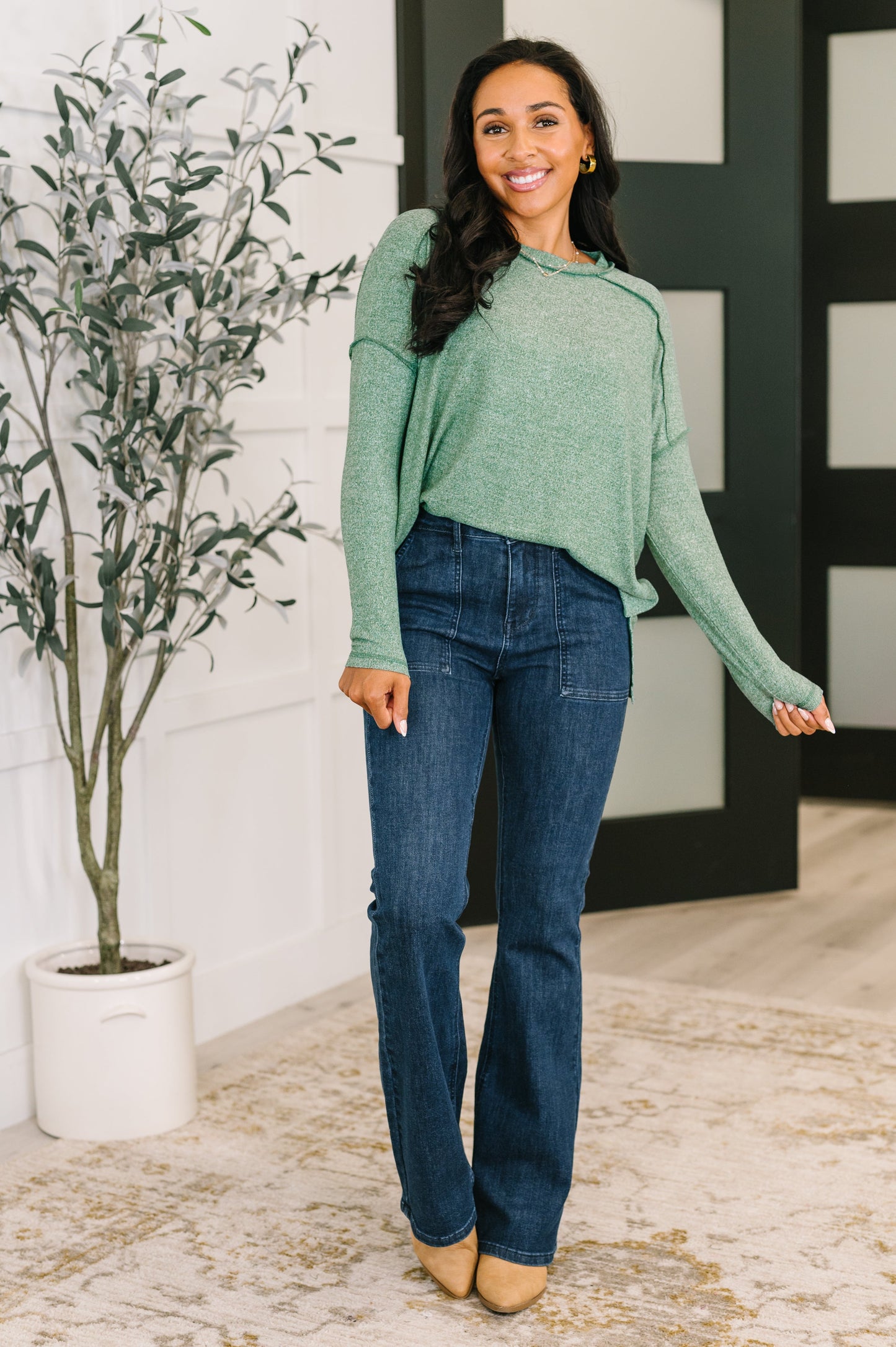 Mellow Mood Heathered Pullover in Dark Green
