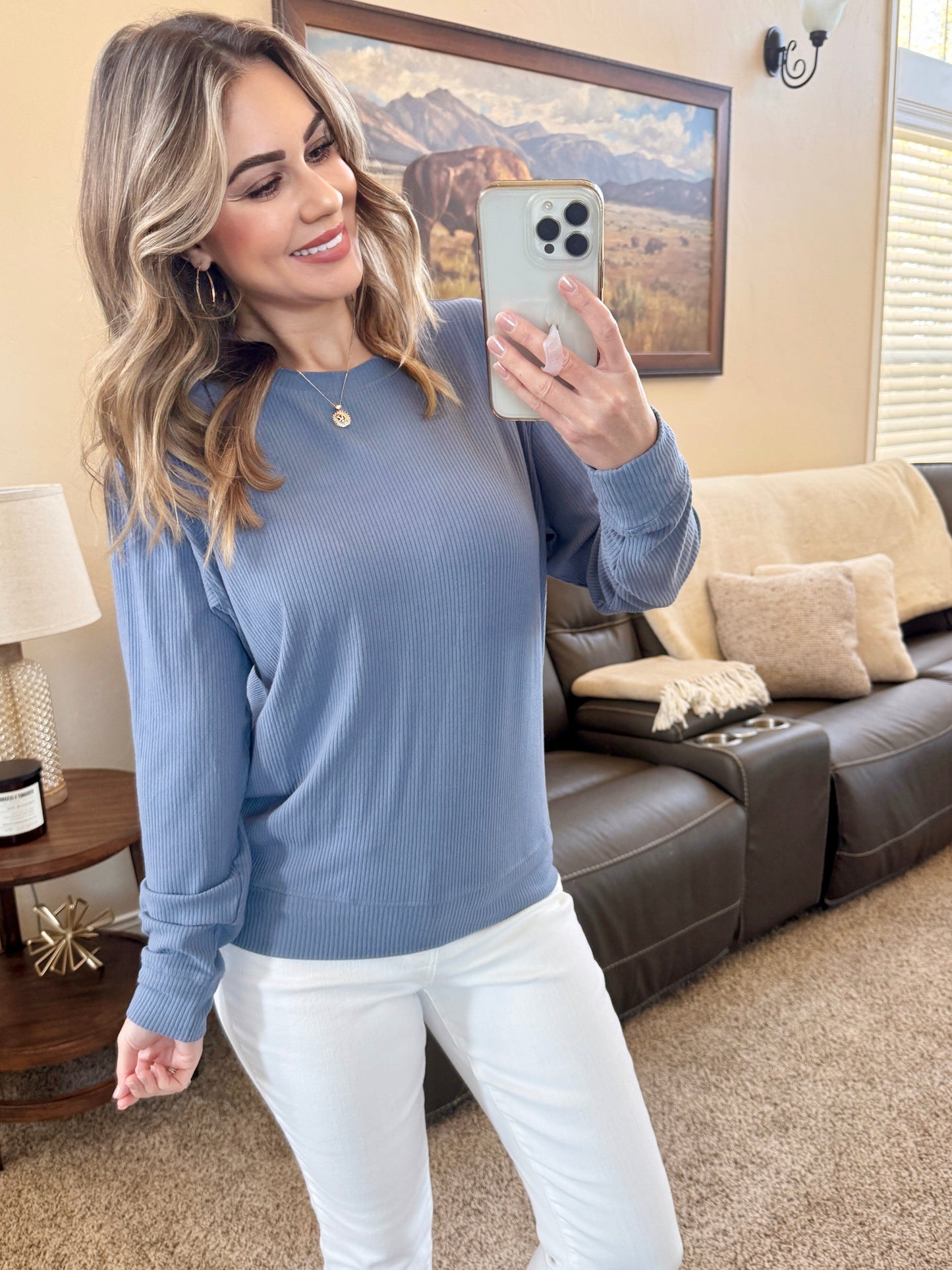 IN STOCK Corrine Ribbed Pullover Top - Denim FINAL SALE