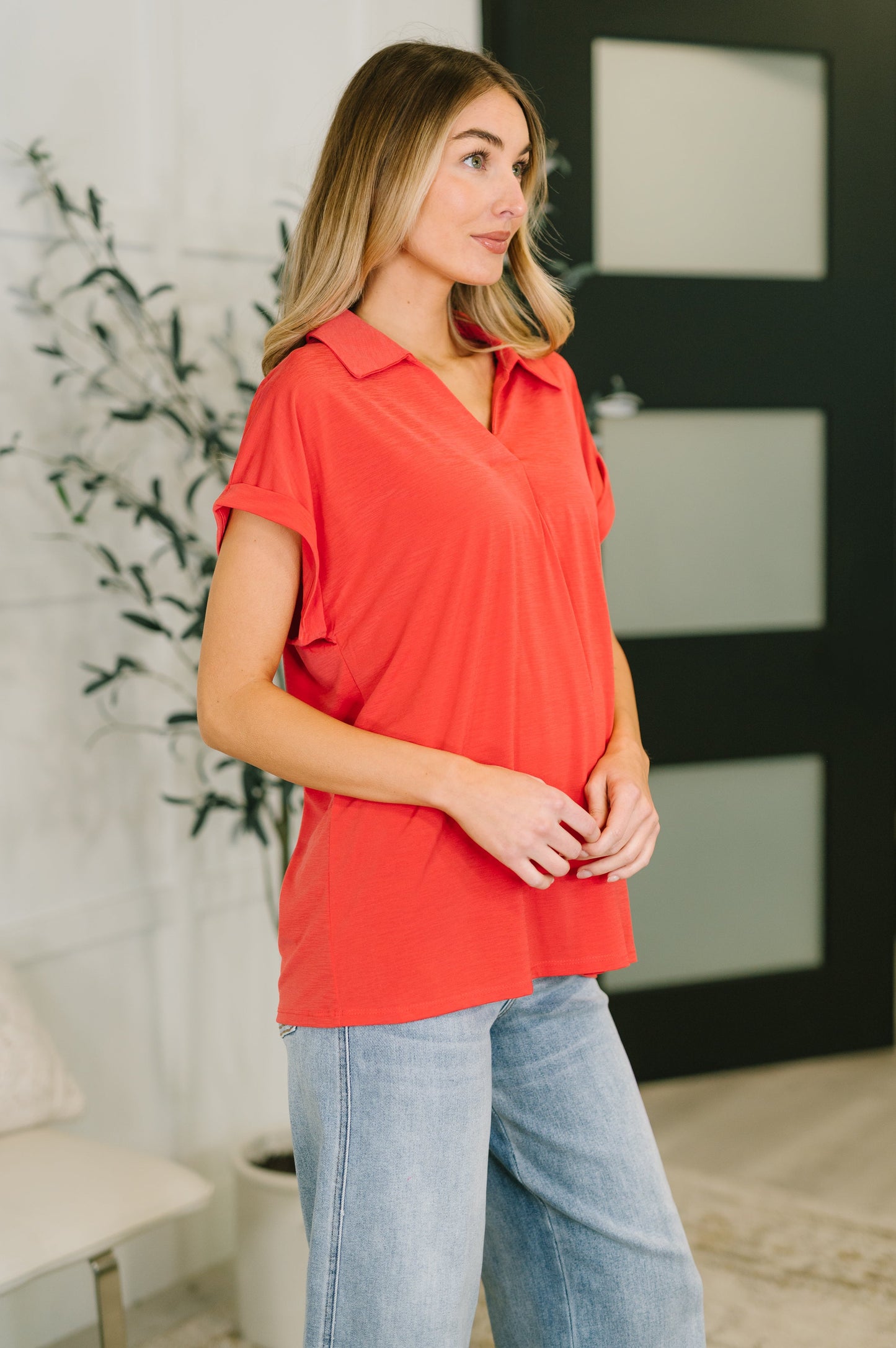 Sea You Soon Collared Top in Hot Coral