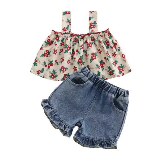 Cream Red Floral Denim Short Set