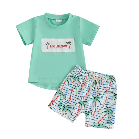 Dad's Little Dude Embroidered Palm Tree Short Set