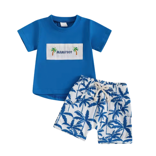 Blue Mama's Boy Palm Tree Embroidered Short Set