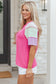 Bright Pink Twisted Ribbed Color Block Patchwork Henley Short Sleeve T Shirt