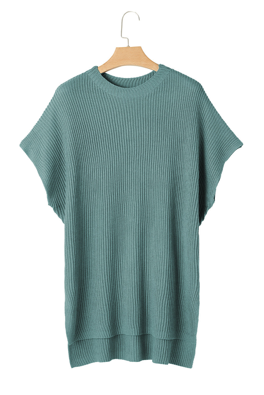 Dusty Teal Side Slit Short Sleeve Oversized Sweater