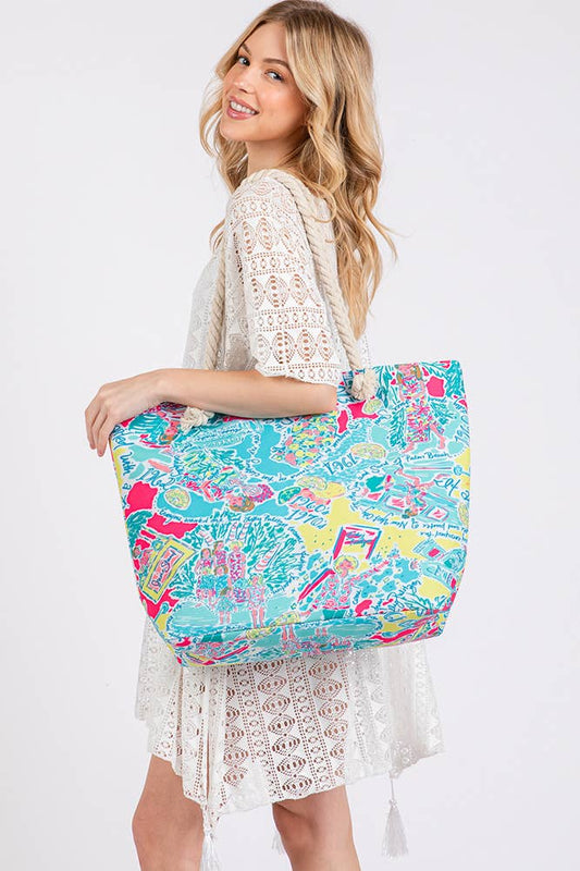 Stylish Illustration Print Summer Tote Bag